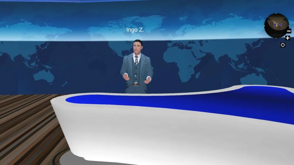 Virtuelles ARD Studio in der Metaverses, in der ein Avatar steht und wie Ingo Zamperonie aussieht.