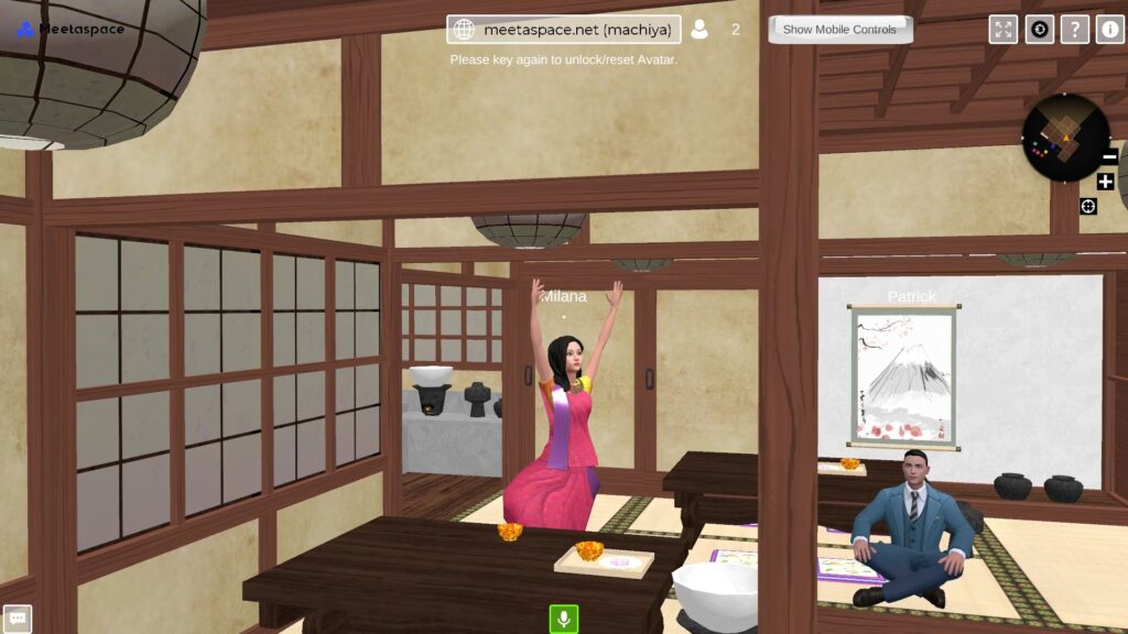 Screenshot of a virtual machiya room space in the metaverse of the Metaverse Service Provider "Meetaspace" with two avatars making yoga figures.