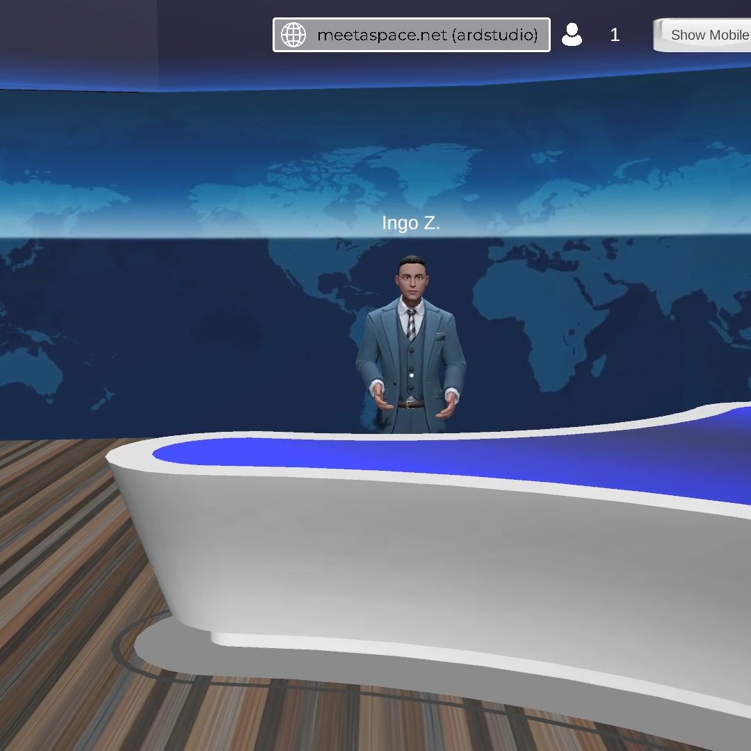 Virtuelles ARD Studio in der Metaverses, in der ein Avatar steht und wie Ingo Zamperonie aussieht.