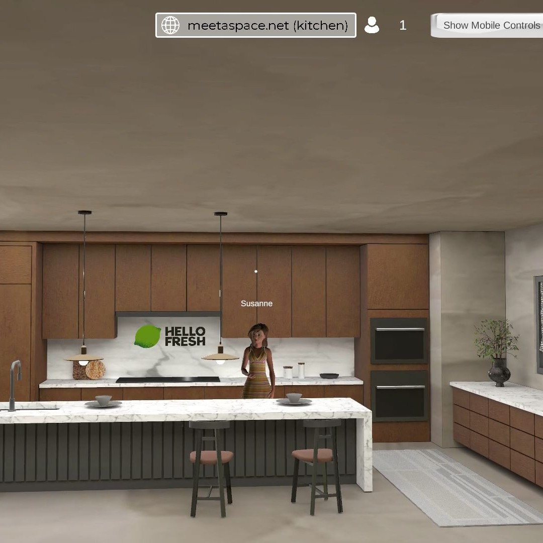 screenshot of a Metaverse kitchen cooking a Hello Fresh Meal and is happy