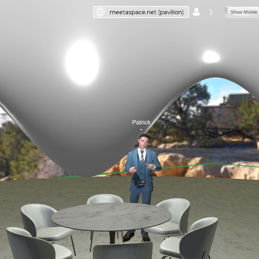 Metaverse Screenshot of a virtual pavilion with Avatar waving his hands