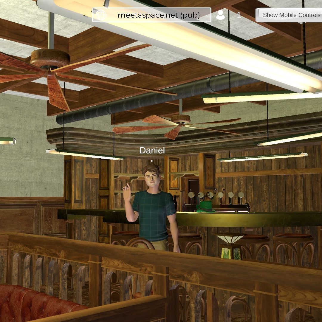 screenshot of a virtual Irsih pub in the metaverse With an avatar waving his hand