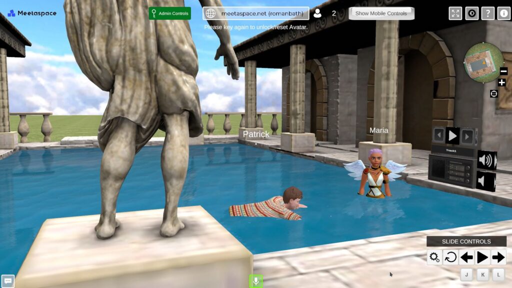 screenshot of a virtual novel bath in the metaverse with two avatars swimming in the water.