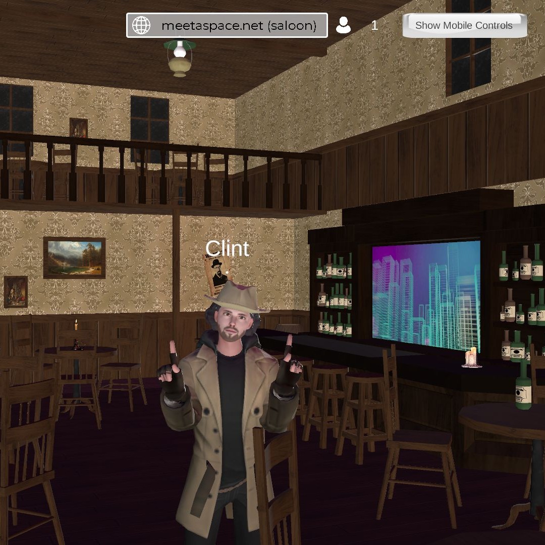 Metaverse Screenshot of an old western saloon with a Clint Eastwood Avatar showing his fingers