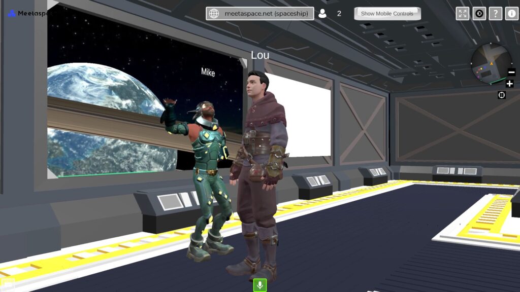 screenshot of a virtual spaceship in the metaverse with the earth in the background and two astronaut avatars talking to each other