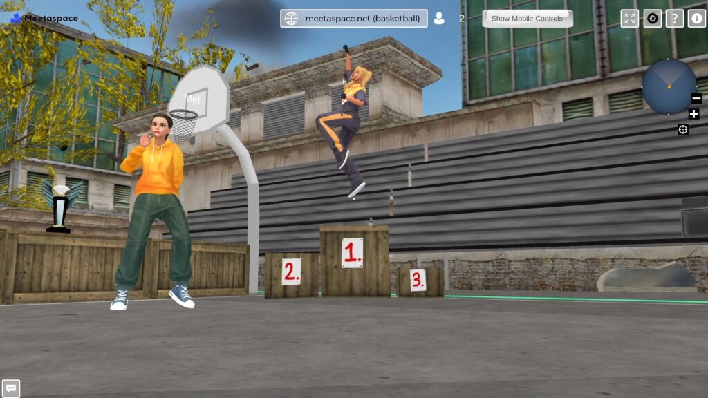 screenshot of a virtual basketball facility in the metaverse with two female avatars dancing and winning in a team.
