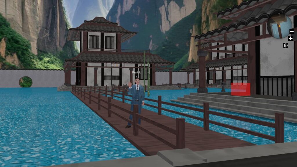 Screenshot of a virtual gufeng valley somewhere in the mountains of china, with an avatar standing on a bridge surrounded by water and houses.