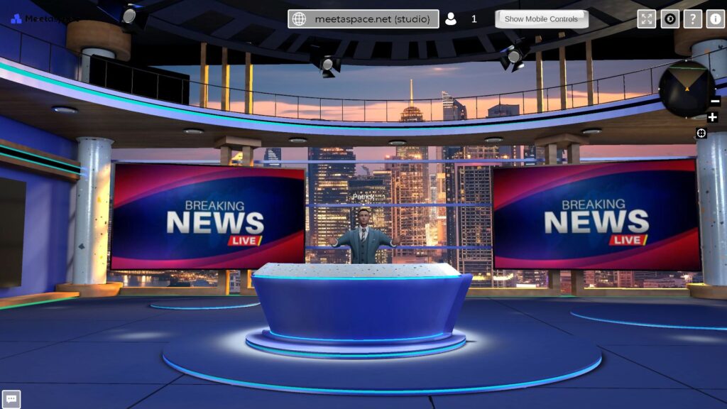 Screenshot of a virtual TV studio room in the metaverse of the Metaverse Service Provider "Meetaspace" with a moderator talking into the camera.