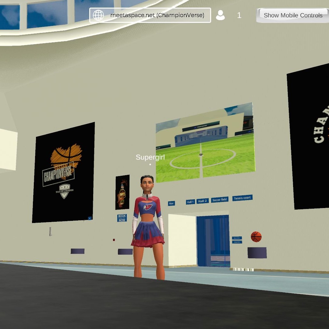 screenshot of a virtual space for educational sport training  in the metaverse with a female avatar waving his hand