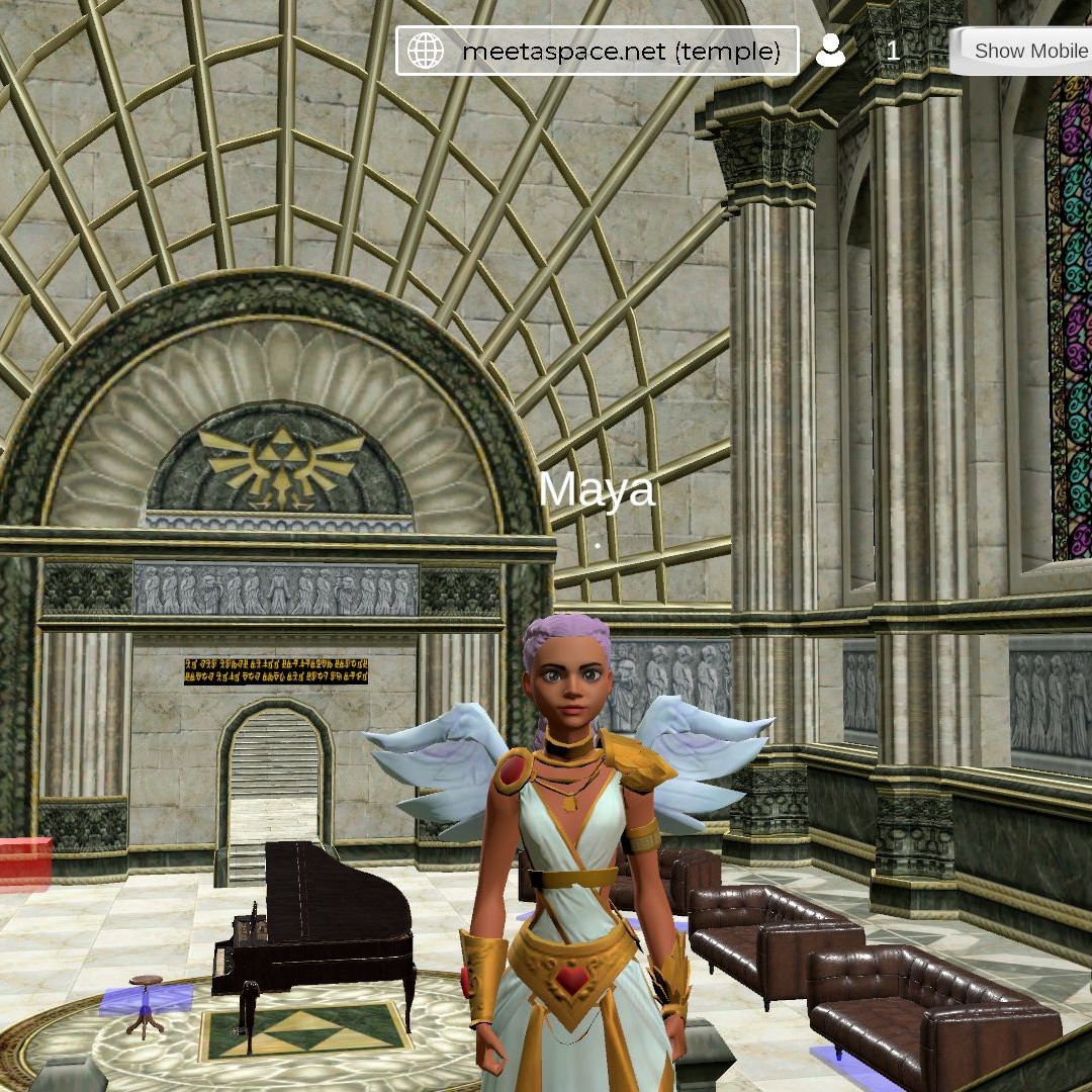 screenshot of a virtual temple in the metaverse which a female avatar