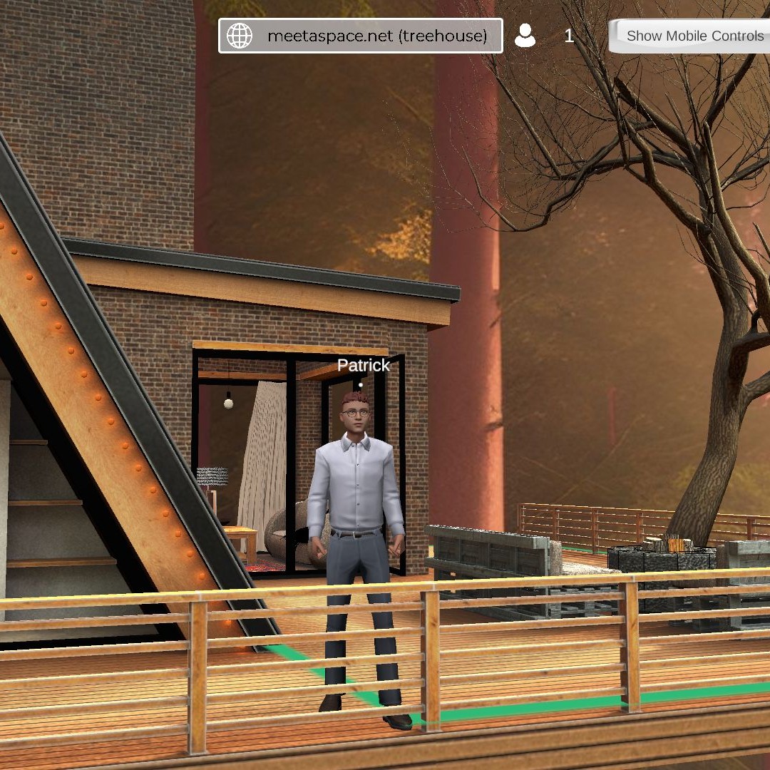 screenshot of a virtual tree house in the metaverse with an avatar waving his hand