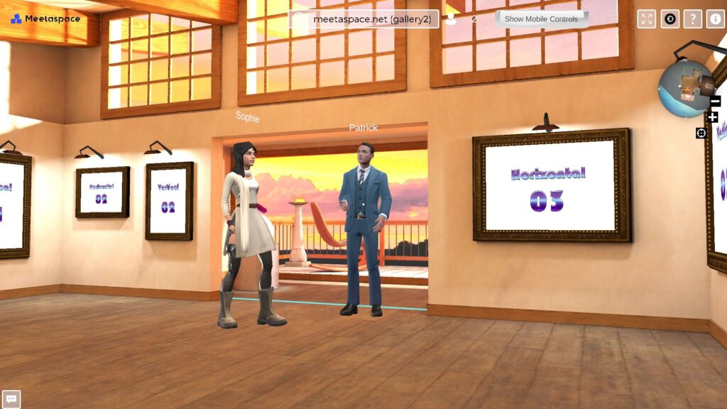 Screenshot of a virtual gallery space in the metaverse of the Metaverse Service Provider "Meetaspace" with two avatars talking about the pictures
