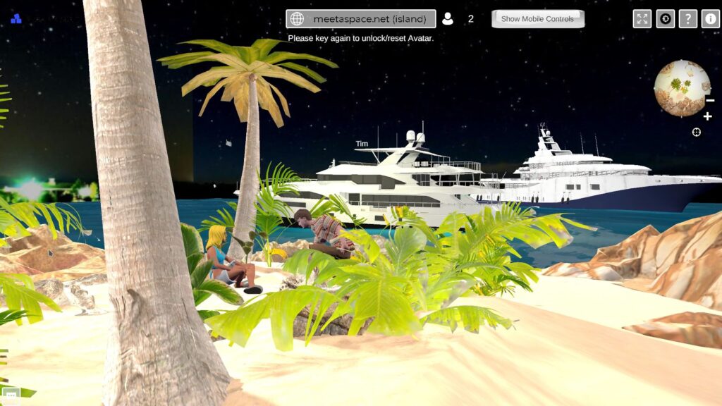 screenshot of a virtual island space in the metaverse with three boats and a jet ski in the background and two avatars dancing on the island.