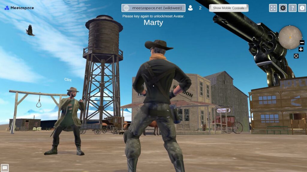 screenshot of a virtual wild west plot in the metaverse with two cowboy avatars fighting each other.