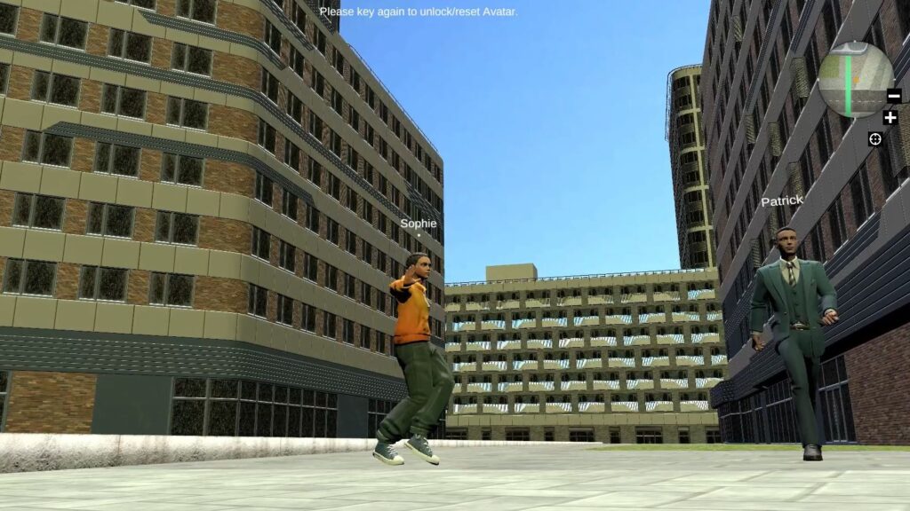 Screenshot of a virtual city in the metaverse with a female avatar dancing on the street and a male avatar walking in the way.