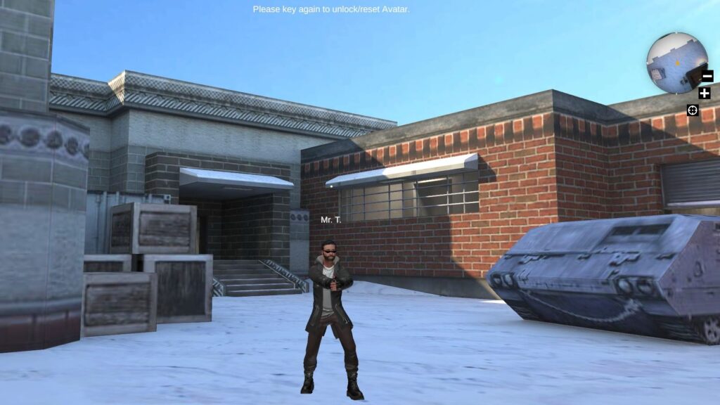 a virtual cs office space in the Metaverse with a man in front holding a gun and is ready to explore the office.