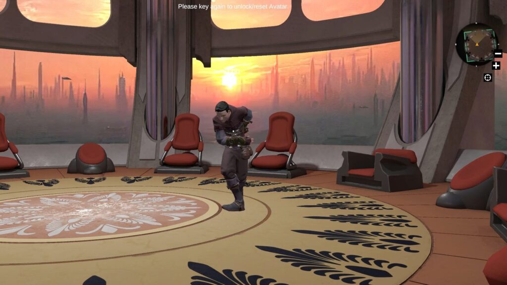 The virtual Jedi Council in the Metaverse shows an avatar in formal pose. In the background, space with spaceships.
