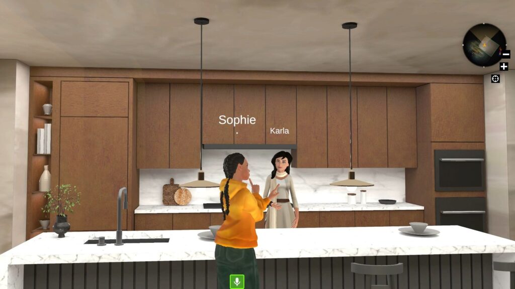 The virtual Kitchen Space in the Metaverse shows two women talking while they're cooking a meal.