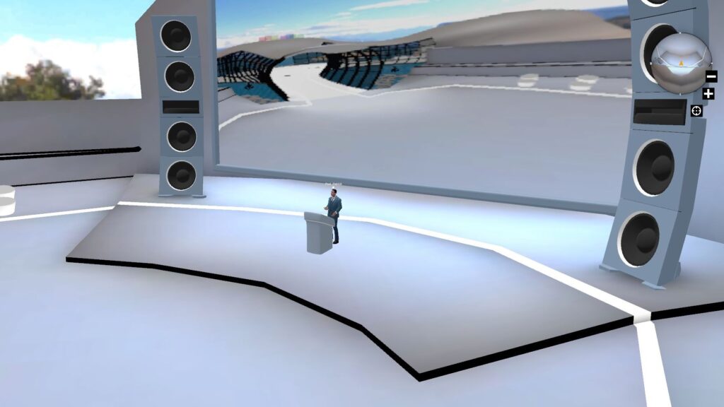 a virtual Lectorium in the Metaverse with a professor on the podium talking to students in front of a big screen
