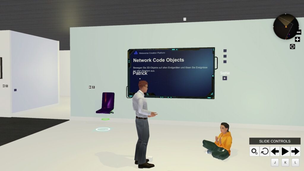 Screenshot of a virtual office space in the metaverse of the Metaverse Service Provider "Meetaspace" with two avatars sitting in the office and talk in front of a screen.