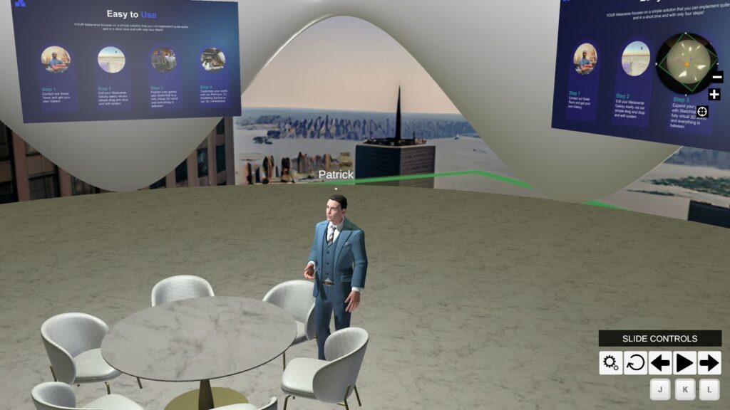a virtual pavilion space in the Metaverse with a professor in front of a table and four chairs talking to students. in background, four screens showing a presentation>