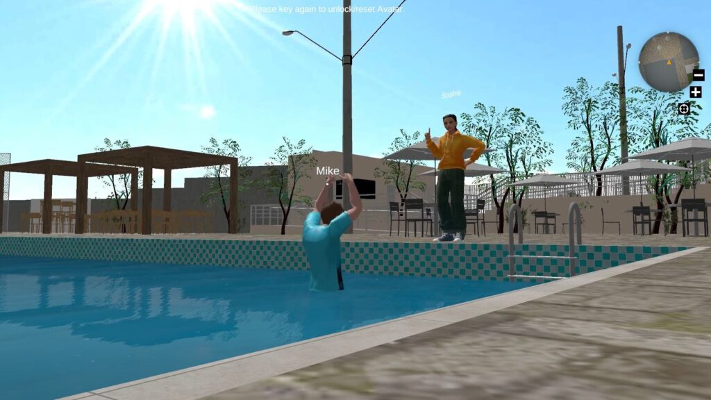 Screenshot of a virtual sport center in the metaverse of the Metaverse Service Provider "Meetaspace" with a soccer field, two swimming pools and a cafeteria and with two at the pool discussing a sport situation.