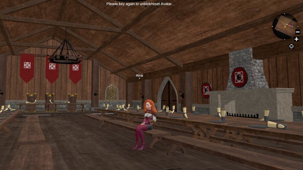 The Viking Dinner Hall in the Metaverse shows long wooden tables and flickering torchlight illuminates intricately carved wooden beams and rune-decorated shields. A female avatar sits on the bench.